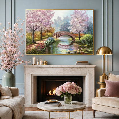 Claude Monet Bridge Over a Pond of Water Lilies Painting on Canvas, Japanese Water Lily Oil Painting Original Cherry Blossom Art