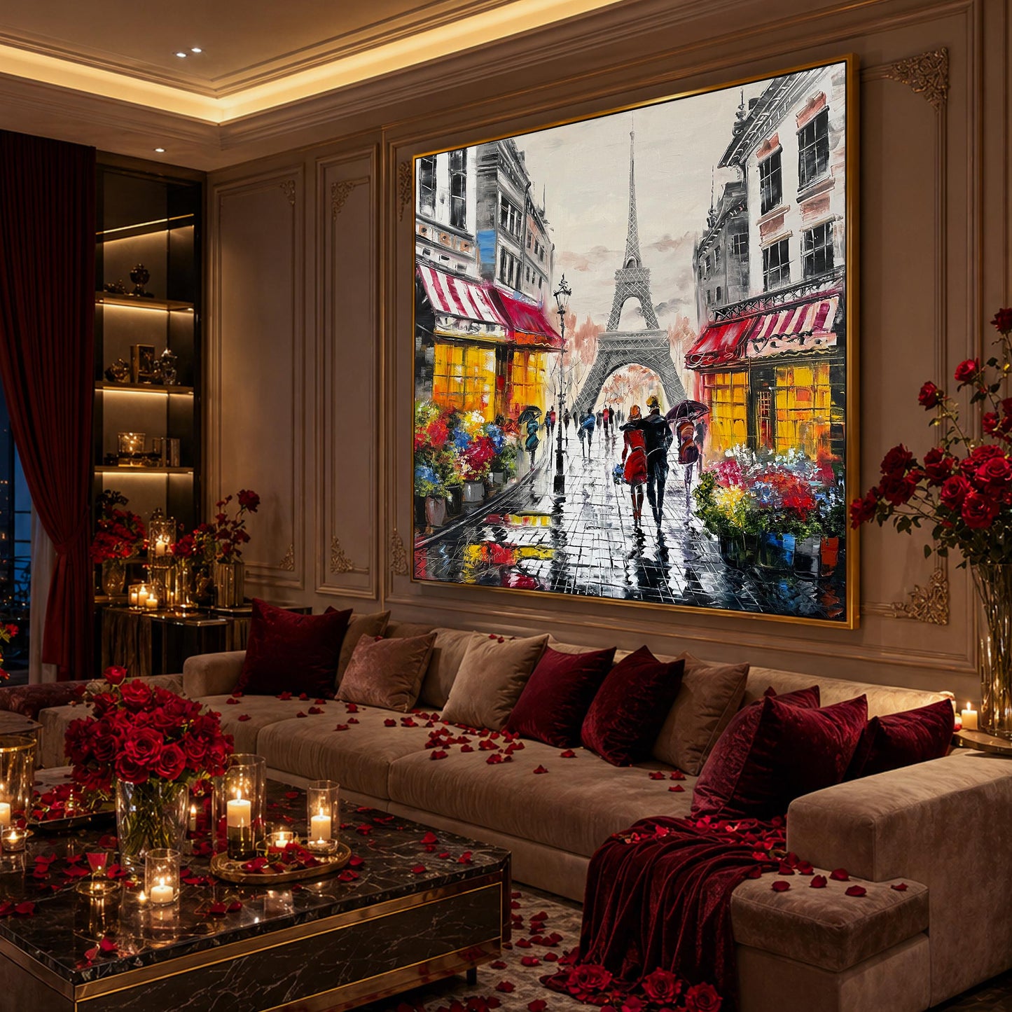 Couple Walking in Paris Oil Painting on Canvas | Large Romantic Wall Art for Bedroom | French Flower Market, Parisian Café Artwork