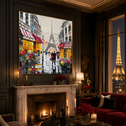 Couple Walking in Paris Oil Painting on Canvas | Large Romantic Wall Art for Bedroom | French Flower Market, Parisian Café Artwork
