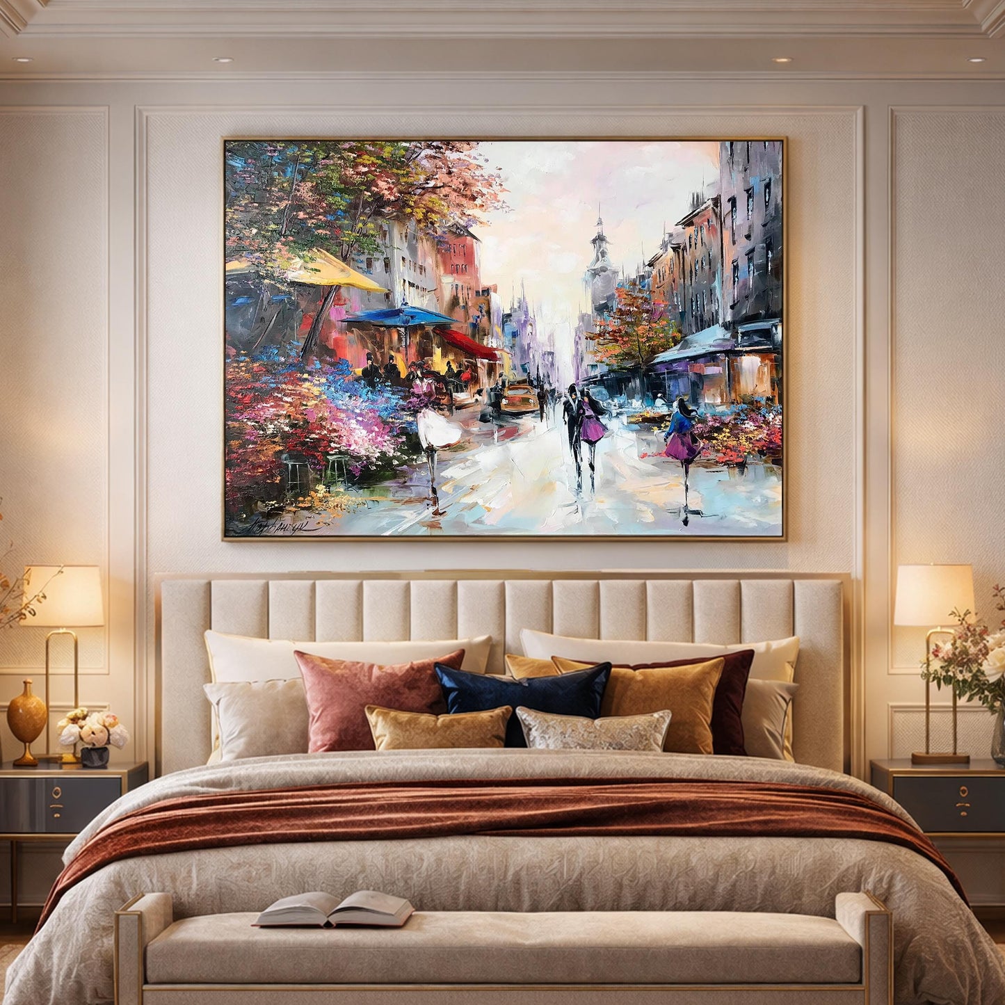 Romantic Oil Painting Original Paris Flower Market Art Couple Walking Together Painting on Canvas French Cafe Artwork