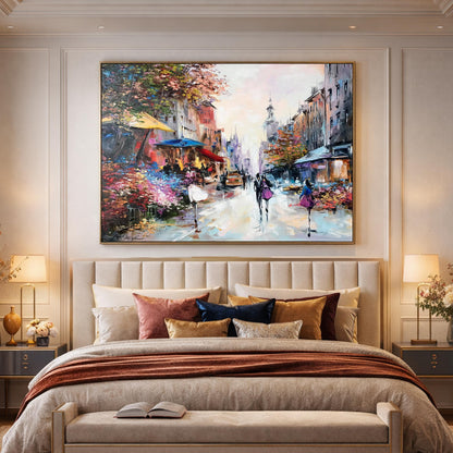 Romantic Oil Painting Original Paris Flower Market Art Couple Walking Together Painting on Canvas French Cafe Artwork