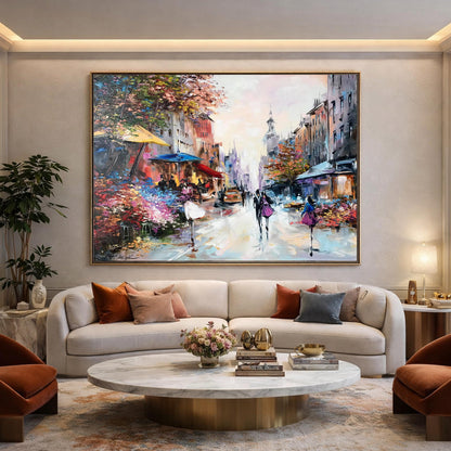 Romantic Oil Painting Original Paris Flower Market Art Couple Walking Together Painting on Canvas French Cafe Artwork