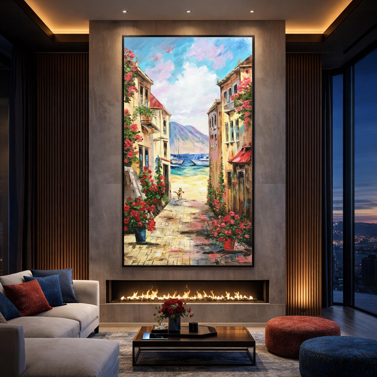 Italian Street Scene Oil Painting Original | Large Portofino Italy Coast Artwork | Hand Painted Mediterranean Coastal Village Wall Art