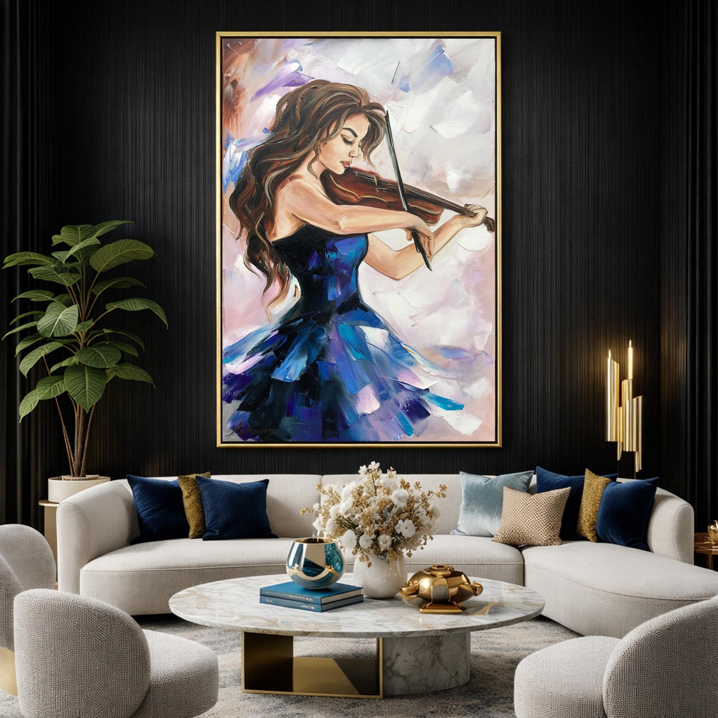 May include: An oil painting depicts a woman playing a violin. She wears a blue dress with a flowing skirt. The background features soft pink and white brushstrokes, and the painting is framed in gold.