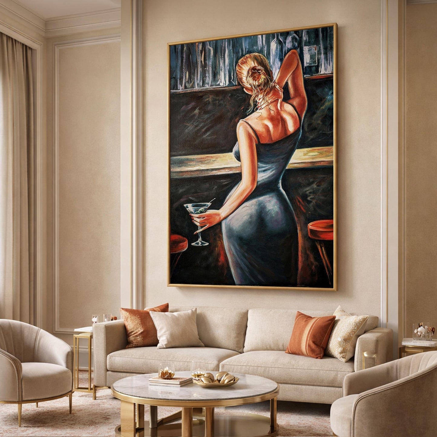 Sexy Woman at the Bar Original Oil Painting | Lady in Blue Dress Canvas Art | Bar and Cocktail Wall Art | Sensual Woman Painting