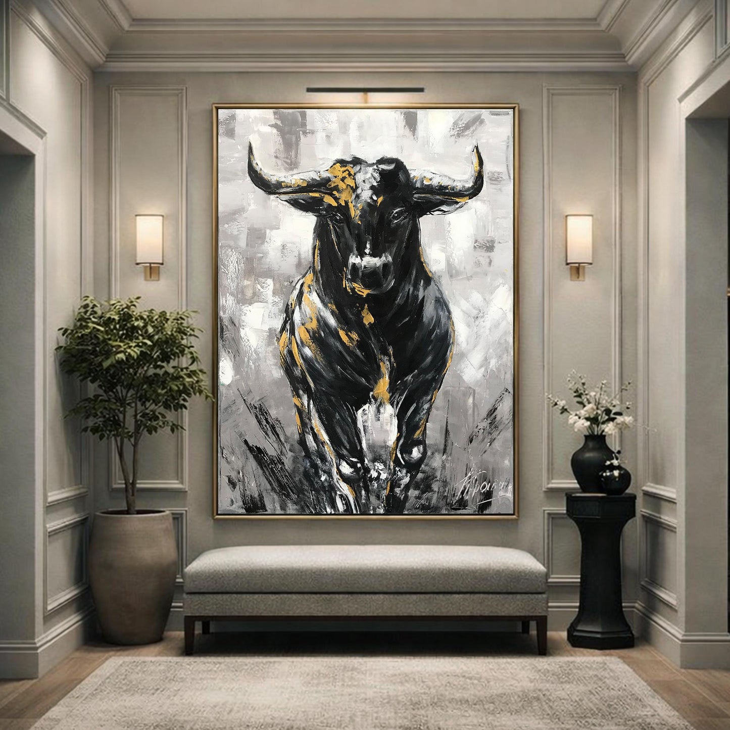 Charging Bull Painting Art Stock Exchange Black and White Oversized Black Wallstreet Bull Artwork