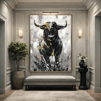 Charging Bull Painting Art Stock Exchange Black and White Oversized Black Wallstreet Bull Artwork