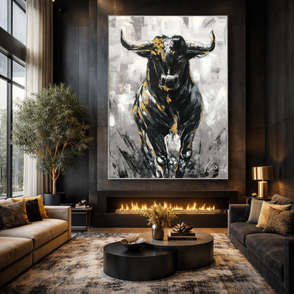 Charging Bull Painting Art Stock Exchange Black and White Oversized Black Wallstreet Bull Artwork
