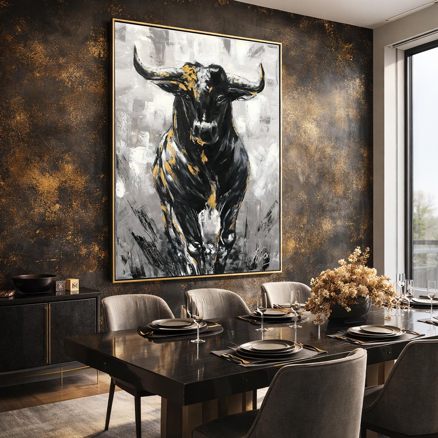 Charging Bull Painting Art Stock Exchange Black and White Oversized Black Wallstreet Bull Artwork