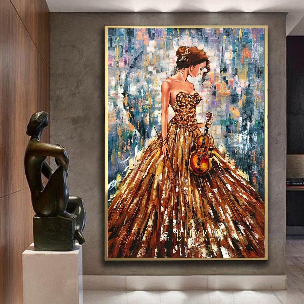 May include: A painting of a woman in a gold dress holding a violin. The background is a colorful abstract design. The painting is signed 'Billy Kant' in the bottom right corner.