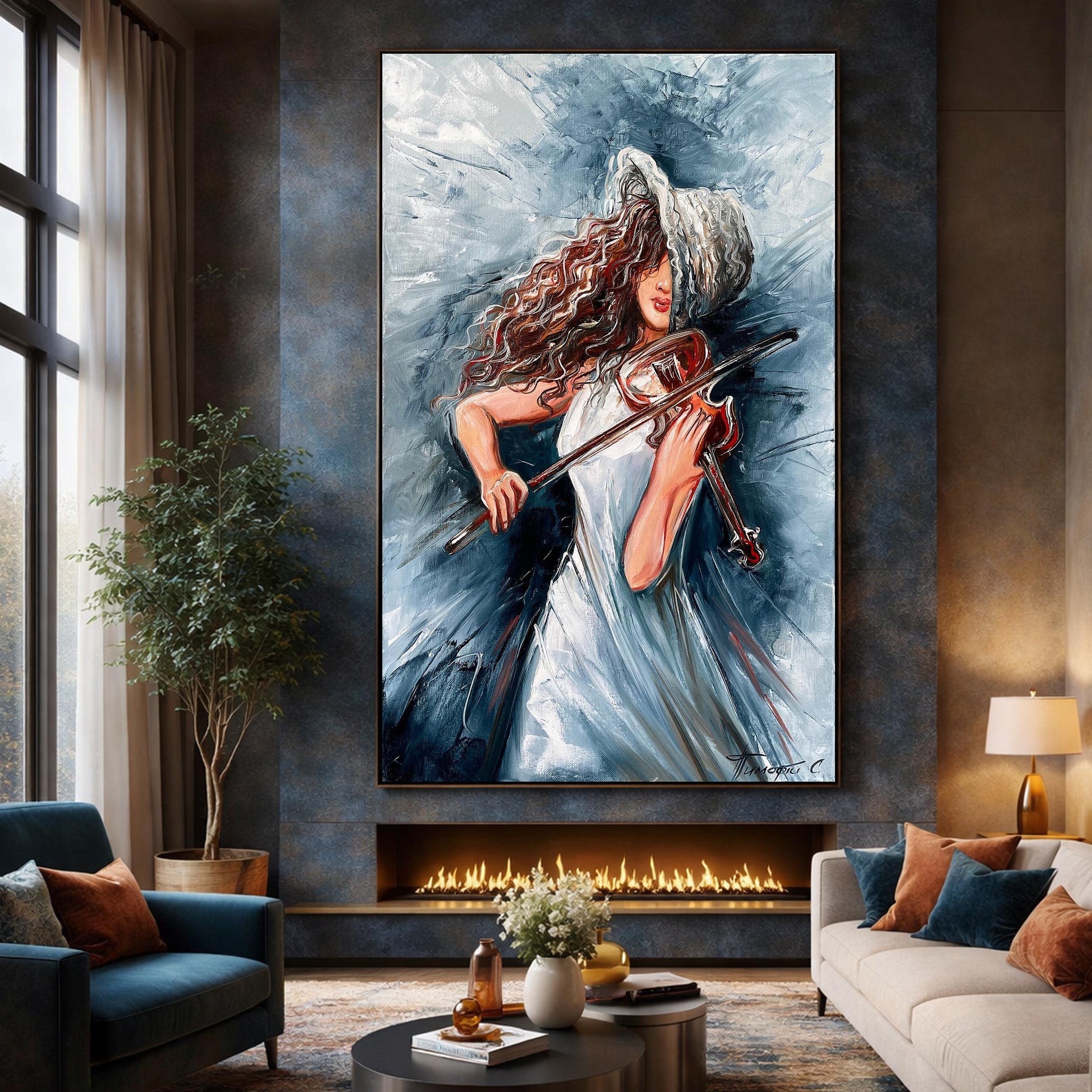 May include: An abstract painting of a person playing a violin. The figure is wearing a white dress and a hat, with long, curly red hair. The background is a blend of blue and white brushstrokes, creating a sense of movement and emotion.