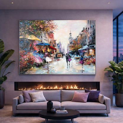 Romantic Oil Painting Original Paris Flower Market Art Couple Walking Together Painting on Canvas French Cafe Artwork