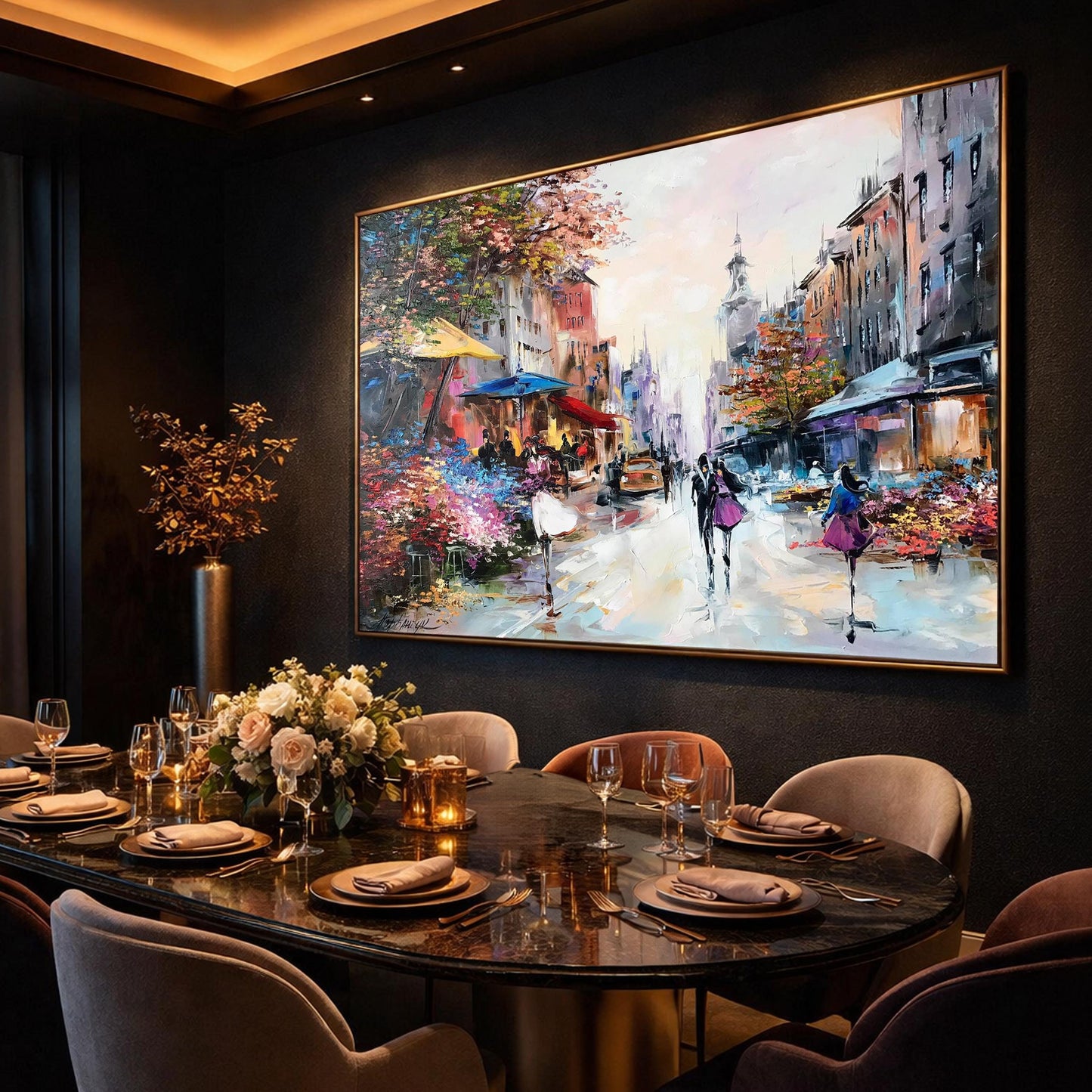 Romantic Oil Painting Original Paris Flower Market Art Couple Walking Together Painting on Canvas French Cafe Artwork
