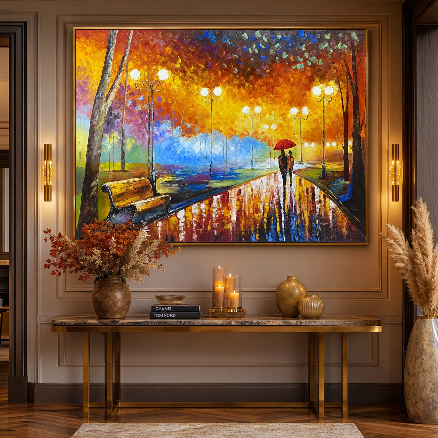 Couple in Park Oil Painting Original Autumn Landscape Painting Fall Wall Art Couple Under Red Umbrella Artwork Beautiful Rainy Day Scene Painting