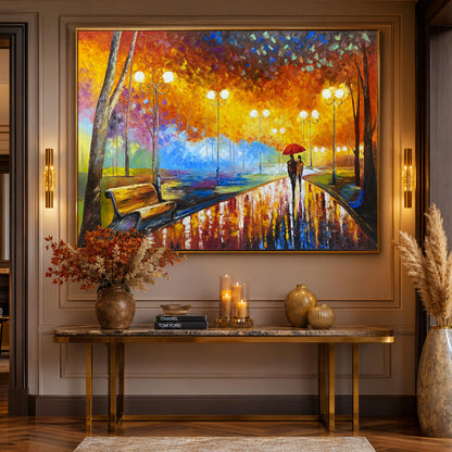 Couple in Park Oil Painting Original Autumn Landscape Painting Fall Wall Art Couple Under Red Umbrella Artwork Beautiful Rainy Day Scene Painting