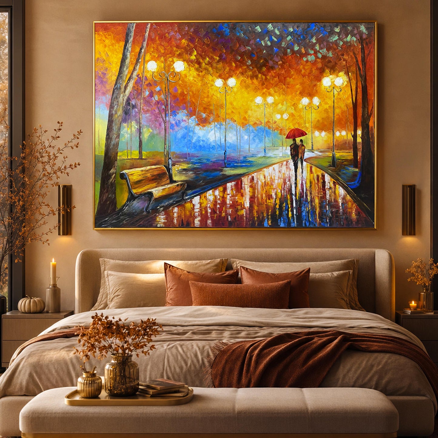 Couple in Park Oil Painting Original Autumn Landscape Painting Fall Wall Art Couple Under Red Umbrella Artwork Beautiful Rainy Day Scene Painting