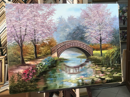 Claude Monet Bridge Over a Pond of Water Lilies Painting on Canvas, Japanese Water Lily Oil Painting Original Cherry Blossom Art