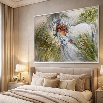 Elegant Lady with Horse Oil Painting, White Horse Girl Wall Art, Romanticism Beautiful Woman in Floral Meadow Painting on Canvas