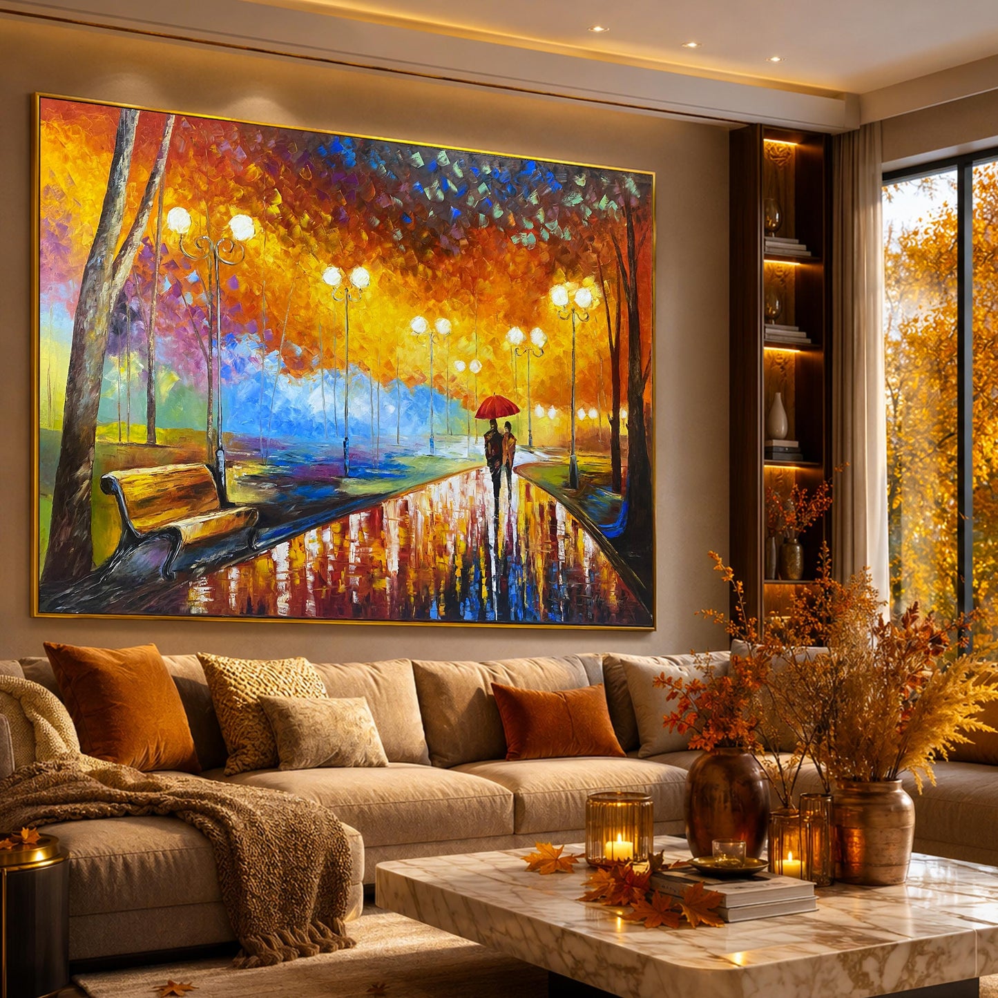 Couple in Park Oil Painting Original Autumn Landscape Painting Fall Wall Art Couple Under Red Umbrella Artwork Beautiful Rainy Day Scene Painting