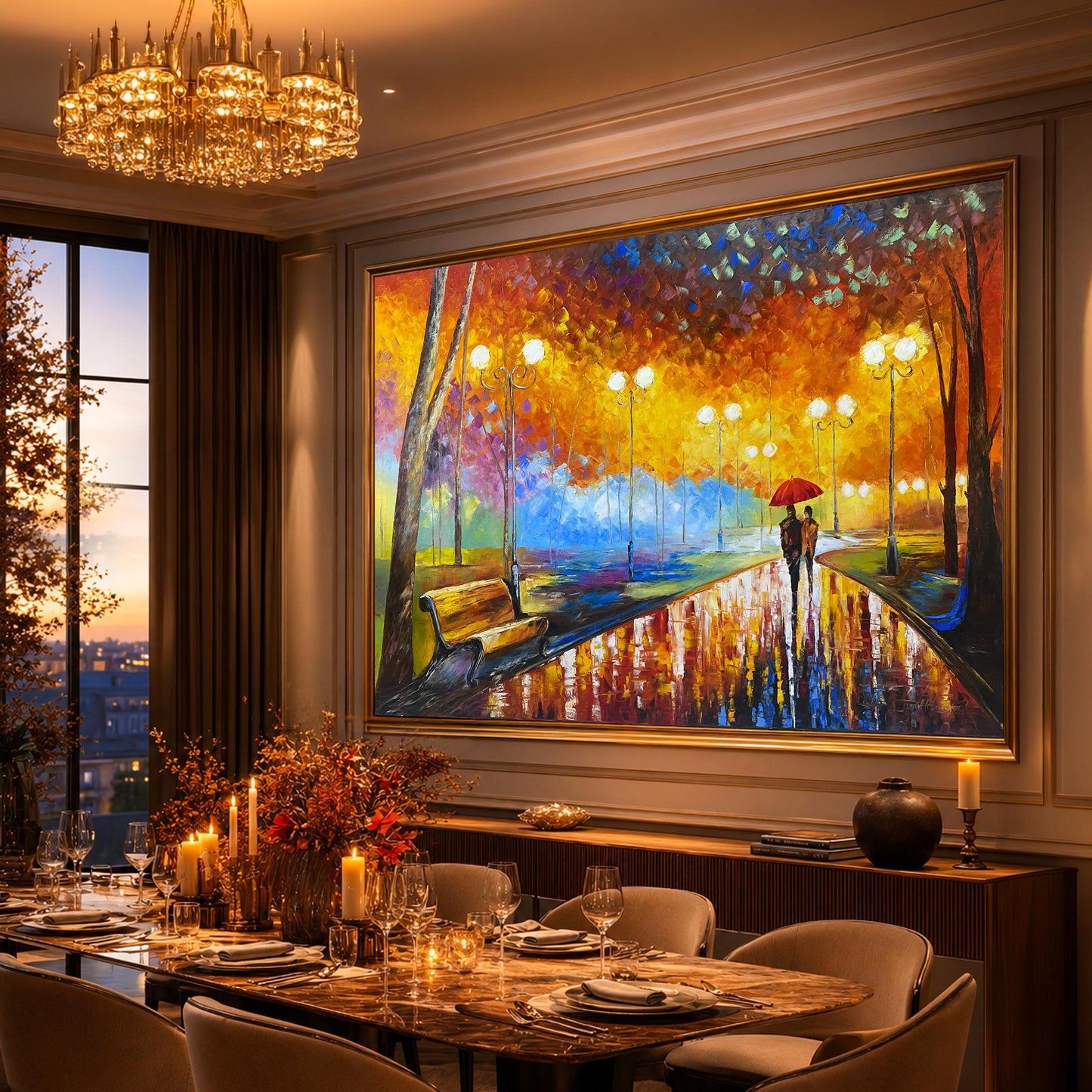 Couple in Park Oil Painting Original Autumn Landscape Painting Fall Wall Art Couple Under Red Umbrella Artwork Beautiful Rainy Day Scene Painting