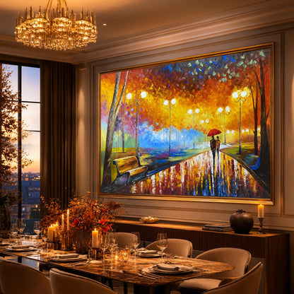 Couple in Park Oil Painting Original Autumn Landscape Painting Fall Wall Art Couple Under Red Umbrella Artwork Beautiful Rainy Day Scene Painting