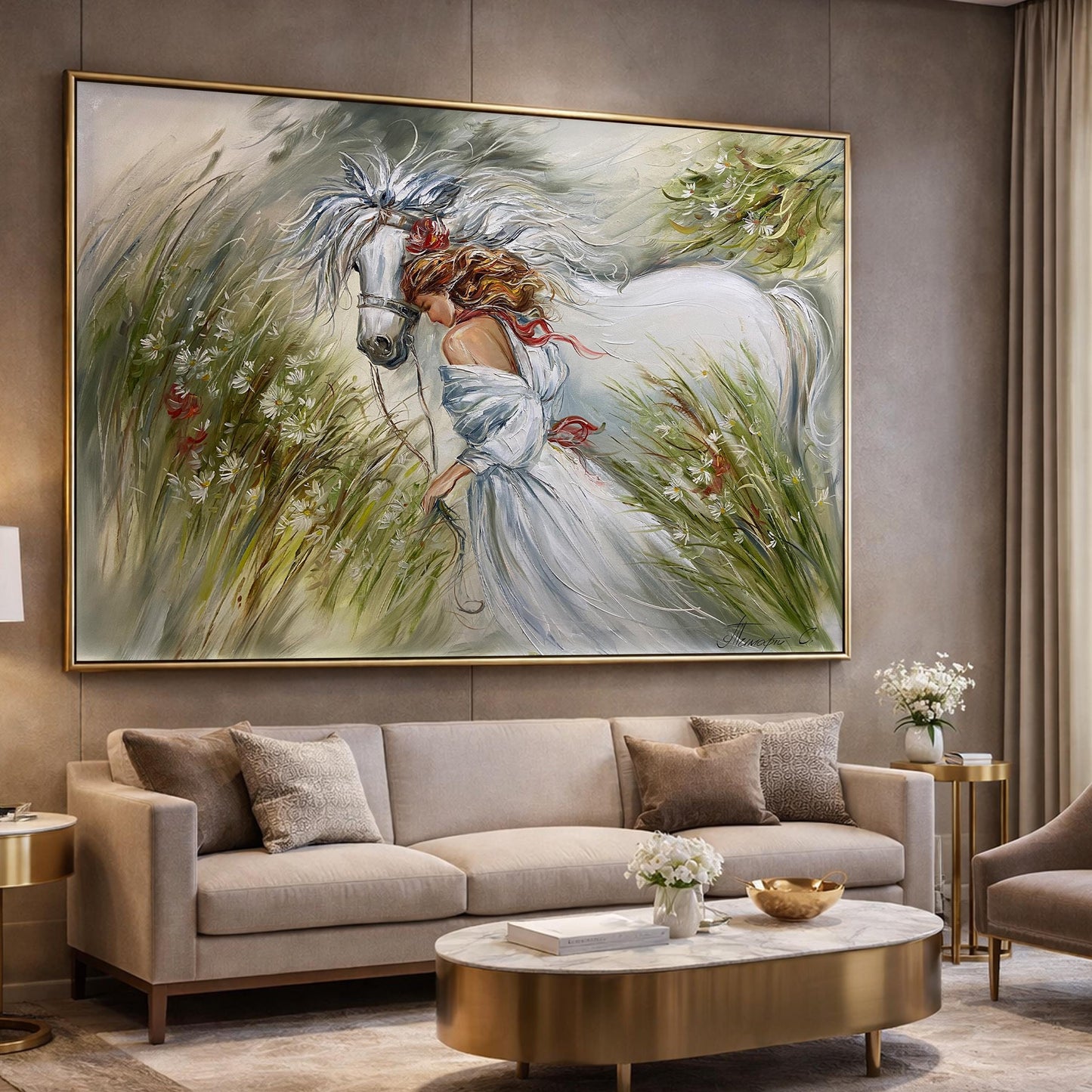 Elegant Lady with Horse Oil Painting, White Horse Girl Wall Art, Romanticism Beautiful Woman in Floral Meadow Painting on Canvas