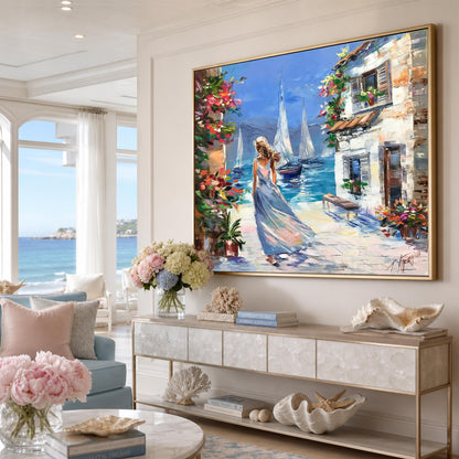 Mediterranean Coastal Village Oil Painting, Woman in Blue Dress Walking by the Sea, Sailboats & Flowers Wall Art, Original Textured Canvas