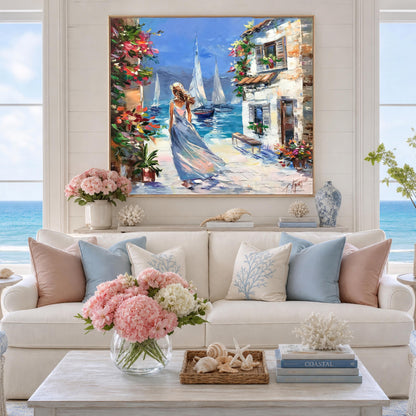 Mediterranean Coastal Village Oil Painting, Woman in Blue Dress Walking by the Sea, Sailboats & Flowers Wall Art, Original Textured Canvas