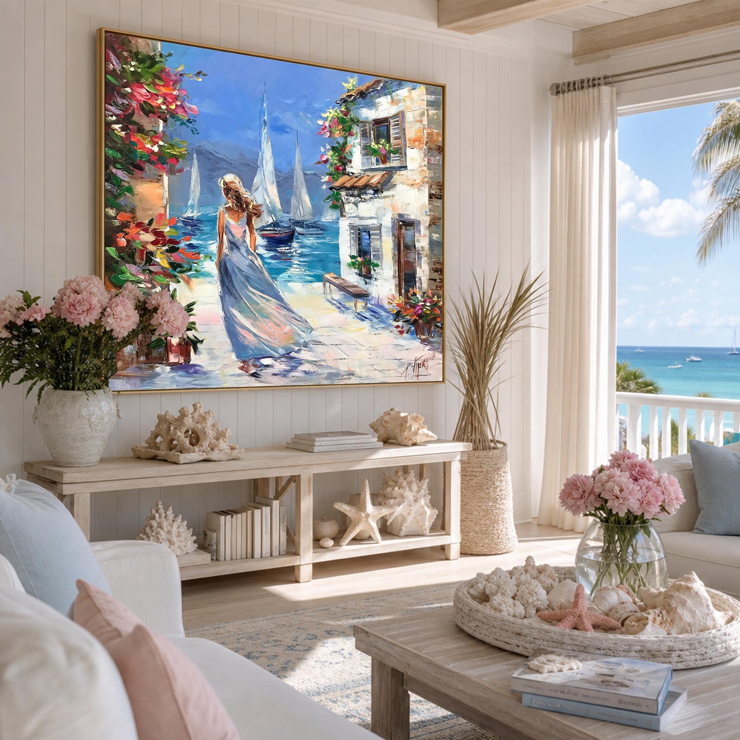 Mediterranean Coastal Village Oil Painting, Woman in Blue Dress Walking by the Sea, Sailboats & Flowers Wall Art, Original Textured Canvas