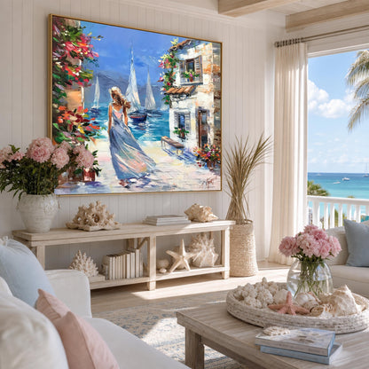 Mediterranean Coastal Village Oil Painting, Woman in Blue Dress Walking by the Sea, Sailboats & Flowers Wall Art, Original Textured Canvas