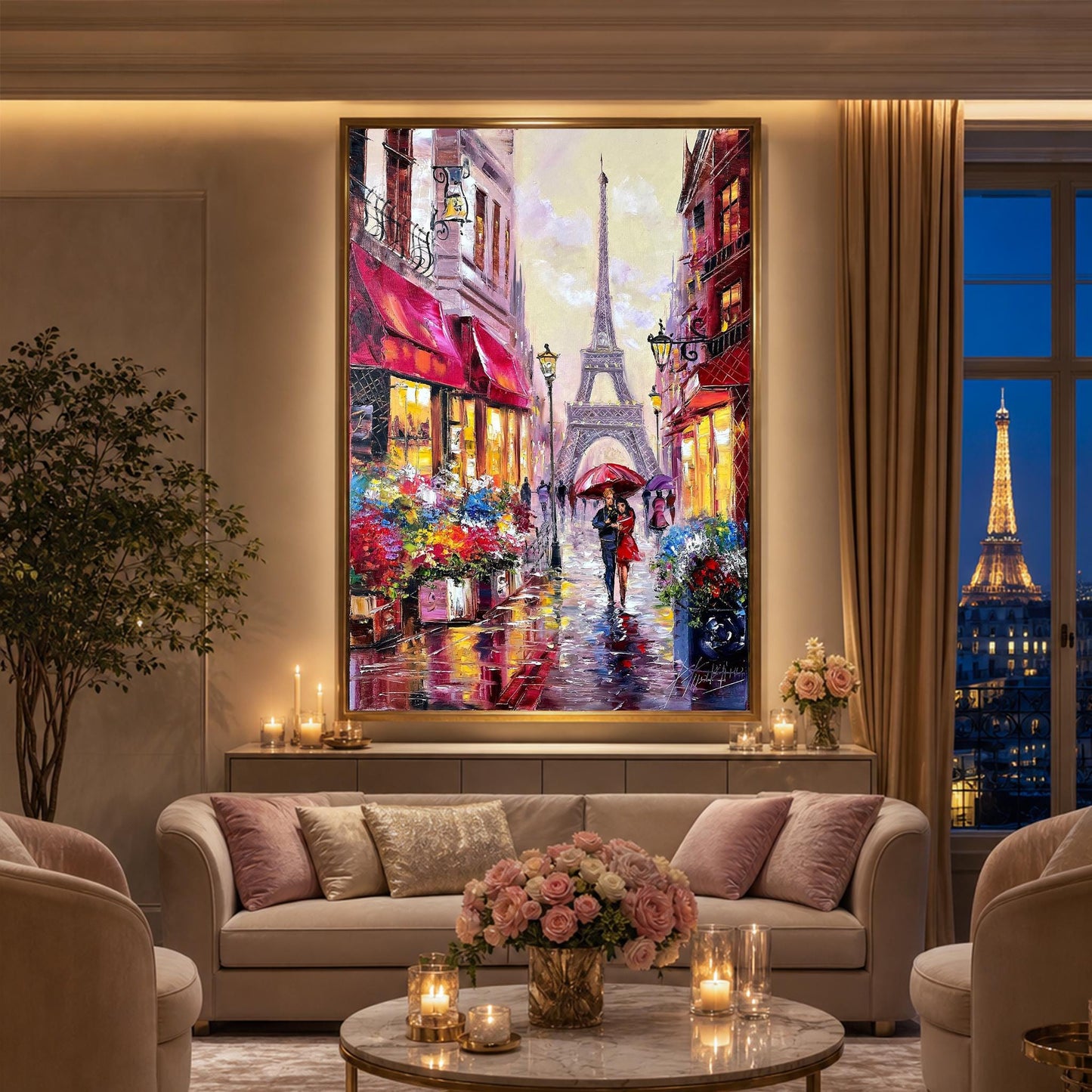 Couple Walking in Paris Oil Painting | Original Romantic Artwork | Rainy Parisian Street Scene Wall Art