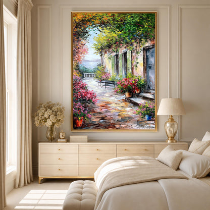 Mediterranean Courtyard Oil Painting on Canvas | Tuscan Villa Wall Art | Italian Garden Artwork