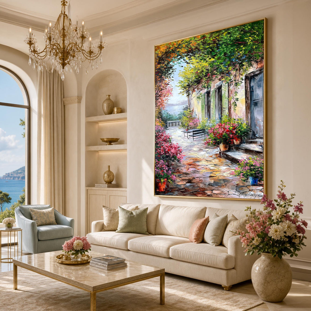 Mediterranean Courtyard Oil Painting on Canvas | Tuscan Villa Wall Art | Italian Garden Artwork