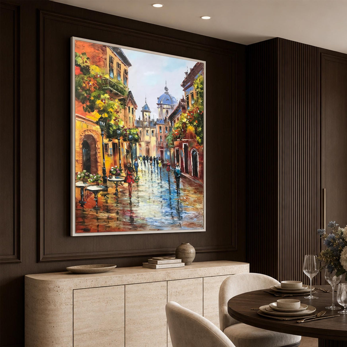 Parisian Street Oil Painting on Canvas | French Cafe Wall Art | Modern European Hand Painted Artwork