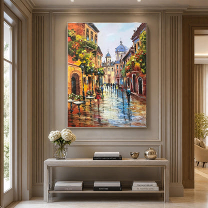 Parisian Street Oil Painting on Canvas | French Cafe Wall Art | Modern European Hand Painted Artwork