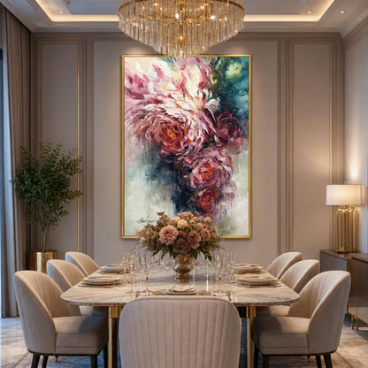Abstract Peony Flower Oil Painting | Oversize Floral Wall Art |  Large Scale Floral Painting for Living Room | Pink and Green Flowers Art
