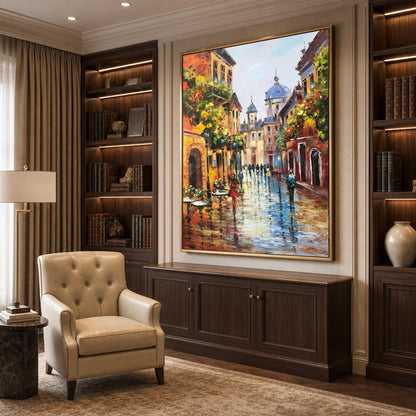 Parisian Street Oil Painting on Canvas | French Cafe Wall Art | Modern European Hand Painted Artwork