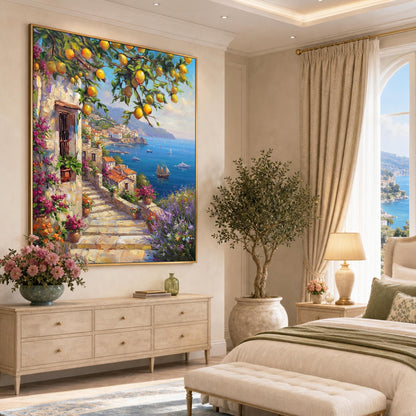 Amalfi Coast Lemon Tree Oil Painting Original, Colorful Positano Italy Seascape Wall Art