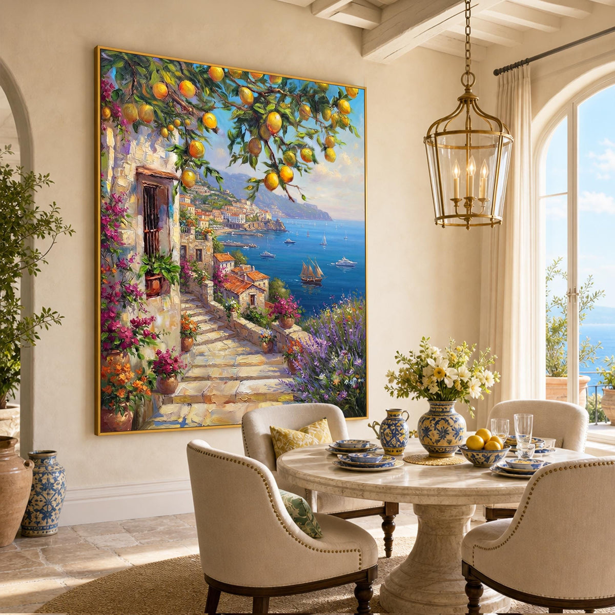 Amalfi Coast Lemon Tree Oil Painting Original, Colorful Positano Italy Seascape Wall Art