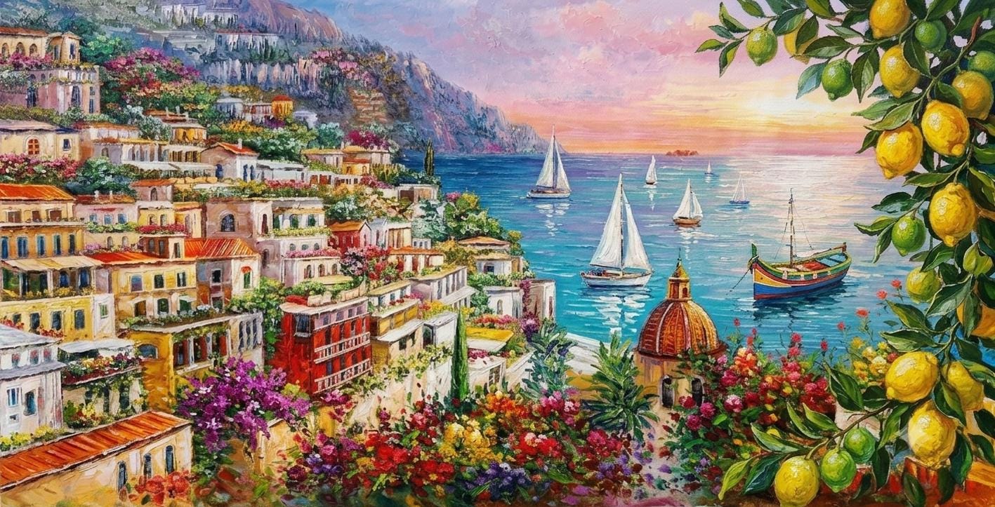 Amalfi Coast Lemon Tree Oil Painting on Canvas | Colorful Positano Italy Coast Wall Art | Most Beautiful Italian Coastal Towns Painting