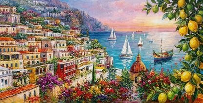 Amalfi Coast Lemon Tree Oil Painting on Canvas | Colorful Positano Italy Coast Wall Art | Most Beautiful Italian Coastal Towns Painting