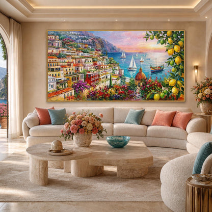 Amalfi Coast Lemon Tree Oil Painting on Canvas | Colorful Positano Italy Coast Wall Art | Most Beautiful Italian Coastal Towns Painting