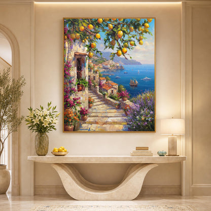 Amalfi Coast Lemon Tree Oil Painting Original, Colorful Positano Italy Seascape Wall Art