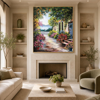 Italian Villa Oil Painting on Canvas, Large Mediterranean Garden Wall Art, Hand Painted Sorrento Artwork