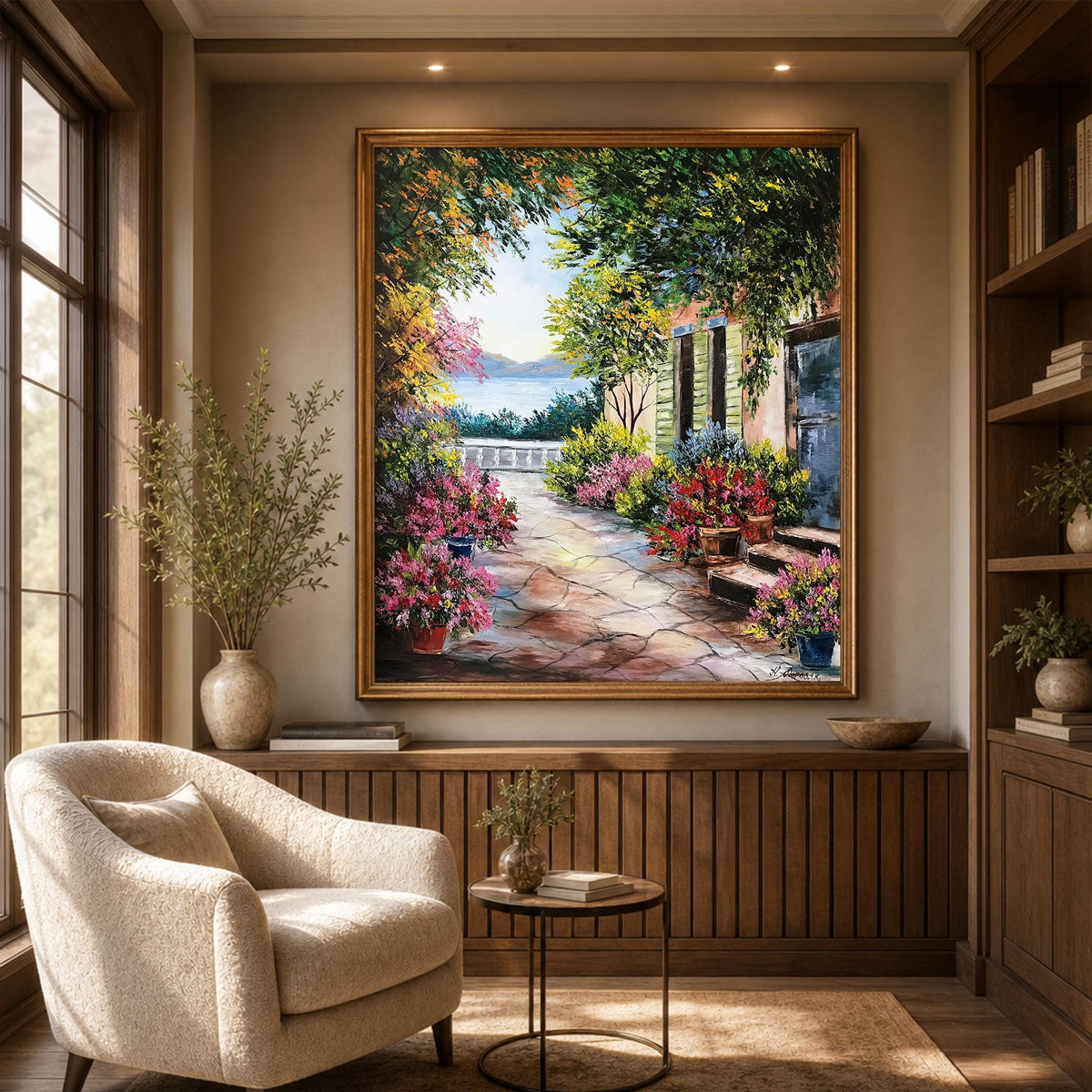 Italian Villa Oil Painting on Canvas, Large Mediterranean Garden Wall Art, Hand Painted Sorrento Artwork