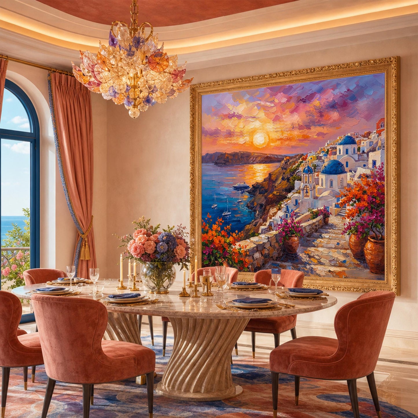Sunset in Santorini Painting on Canvas | Large Greece Inspired Wall Art | Bougainvillea Flower Greek Houses Oil Painting Original | Greek Island Artwork