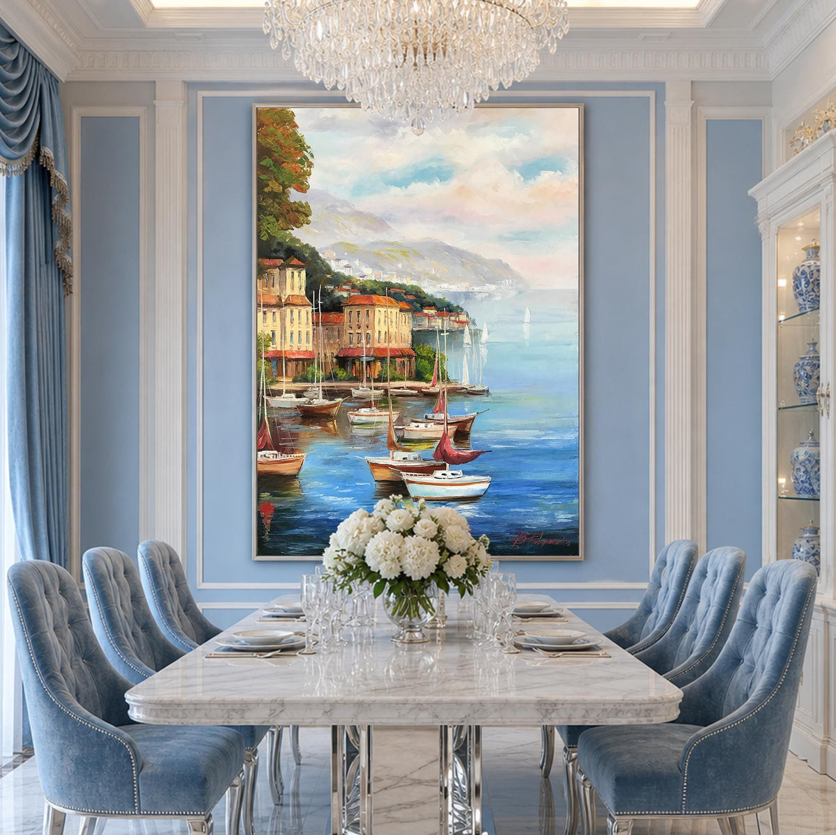 Portofino Oil Painting Original | Italian Riviera Art | Custom Large Handmade Italy Coast Painting on Canvas, Fishing Boats Along Portofino Coast Artwork