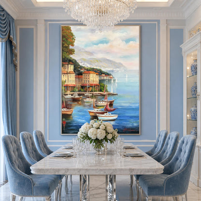 Portofino Oil Painting Original | Italian Riviera Art | Custom Large Handmade Italy Coast Painting on Canvas, Fishing Boats Along Portofino Coast Artwork