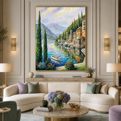 Lake Como Bellagio Oil Painting on Canvas | Hand Painted Varenna Italy Artwork | Large Italian Scenery Wall Art