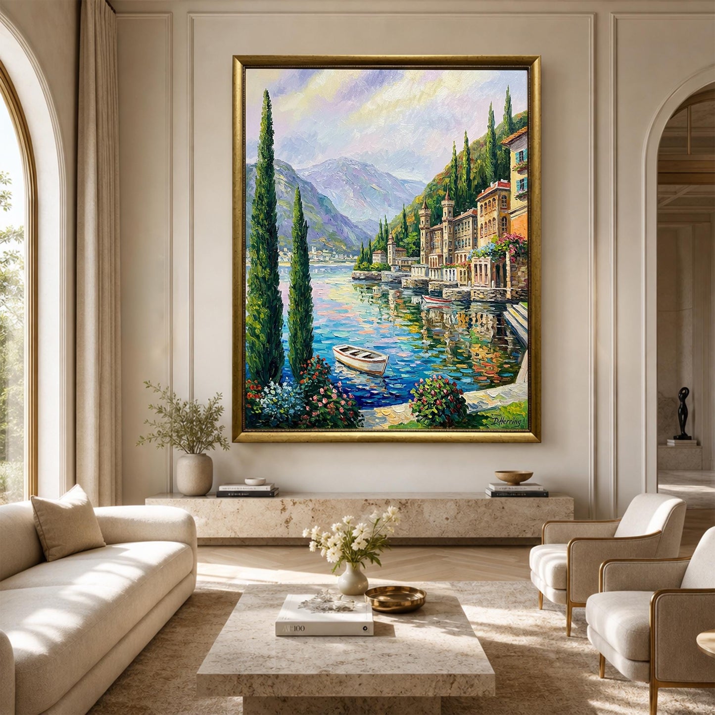 Lake Como Bellagio Oil Painting on Canvas | Hand Painted Varenna Italy Artwork | Large Italian Scenery Wall Art